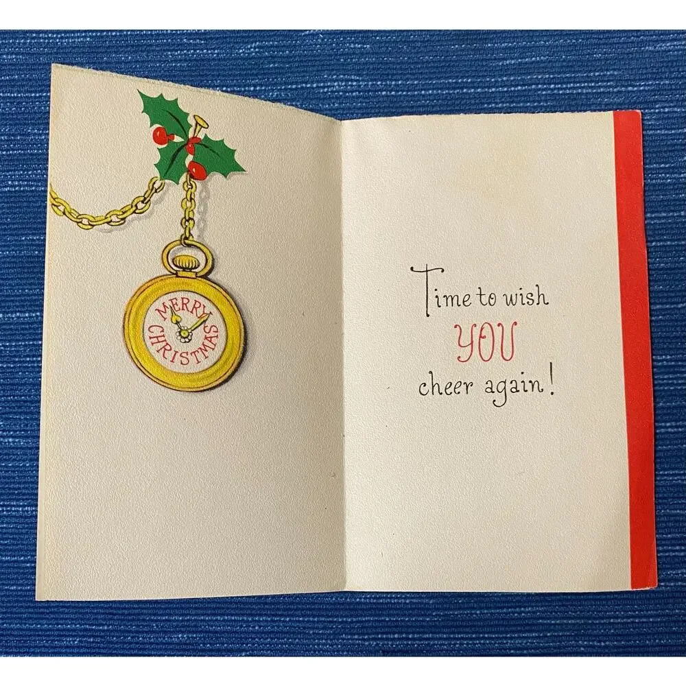 Vintage MCM Christmas Time Here Greeting Card Pocket Watch Gold Glitter 38B